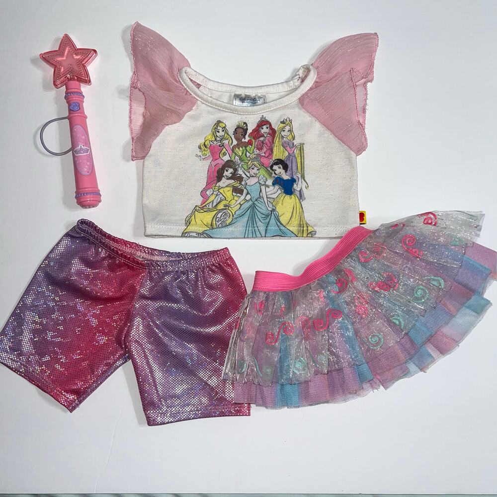 Build A Bear Disney Princess Outfit Set Shirt Shorts Tutu Skirt Light Up Wand